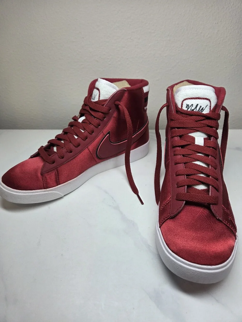 Nike Blazer Mid Premium Satin Red Crush High Top Sneakers NSW Script NWOB